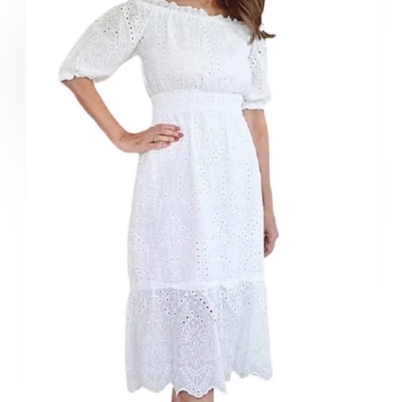 Betsey Johnson White Eyelet Dress Womens Medium Cotton Long Flowy Feminine - Picture 1 of 7